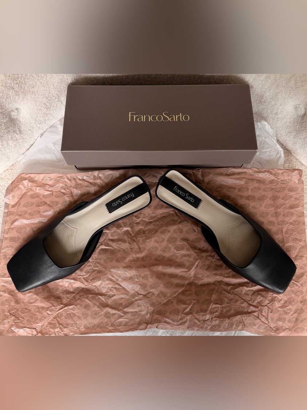 Franco Sarto Black Leather Slip‑On Mules